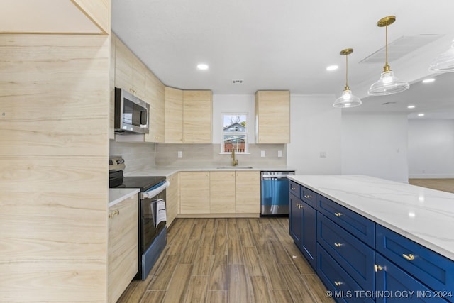 kitchen featuring light stone countertops, stainless steel appliances, dark hardwood / wood-style flooring, and light brown cabinets