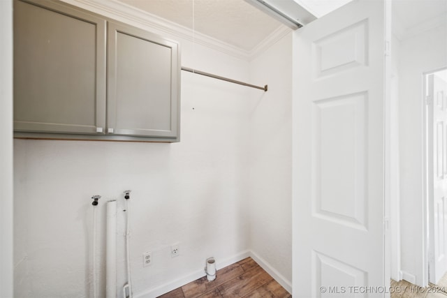 washroom featuring cabinets, crown molding, and dark hardwood / wood-style flooring