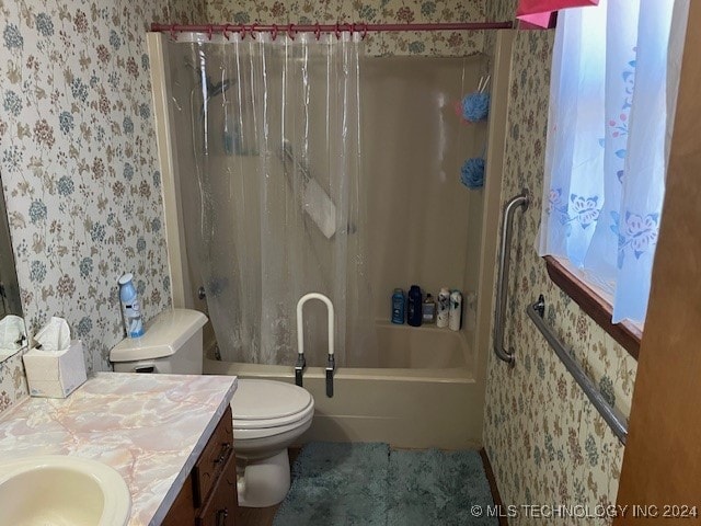 full bathroom featuring vanity, toilet, and shower / bathtub combination with curtain