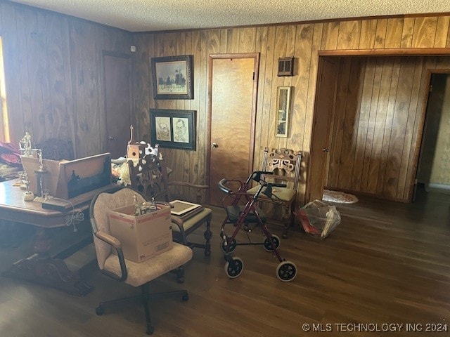 miscellaneous room featuring a textured ceiling, wooden walls, and dark hardwood / wood-style flooring