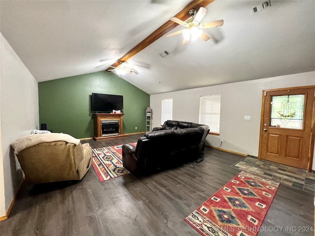 living room featuring vaulted ceiling with beams, dark wood-type flooring, and ceiling fan