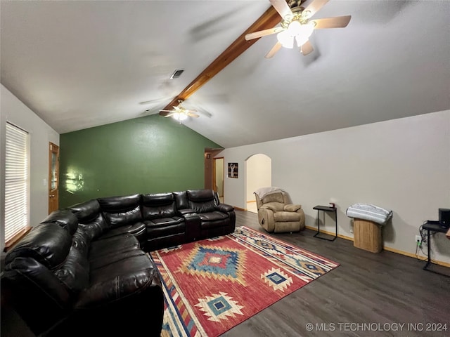 living room with ceiling fan, lofted ceiling with beams, and dark hardwood / wood-style flooring