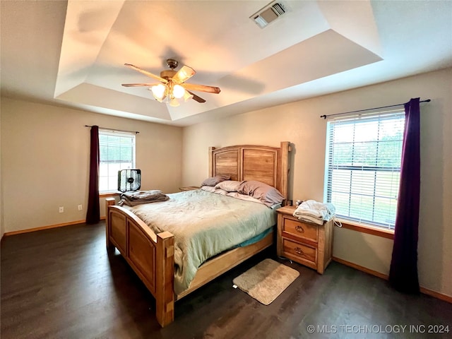 bedroom featuring multiple windows, a tray ceiling, dark hardwood / wood-style flooring, and ceiling fan