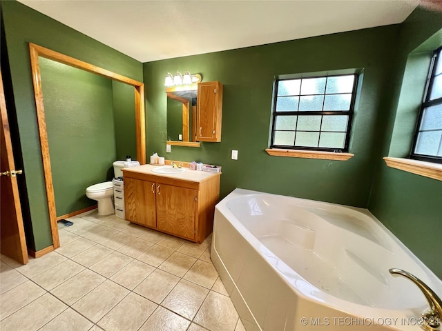 bathroom featuring vanity, toilet, a washtub, and a wealth of natural light