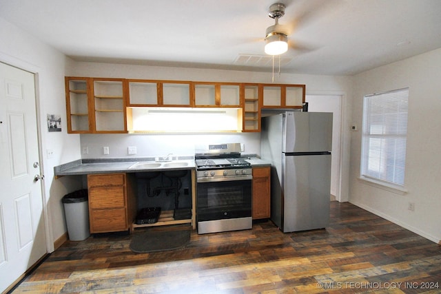 kitchen with ceiling fan, sink, dark hardwood / wood-style floors, and appliances with stainless steel finishes