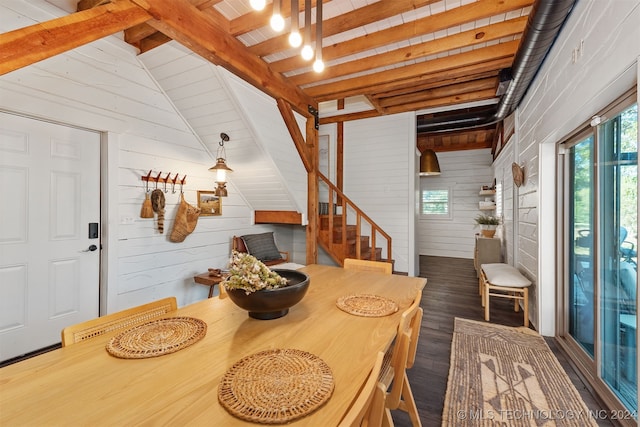 dining room featuring wooden walls, lofted ceiling with beams, and dark wood-type flooring