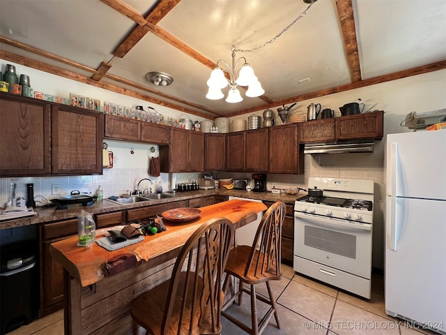 kitchen featuring dark brown cabinetry, an inviting chandelier, sink, and white appliances