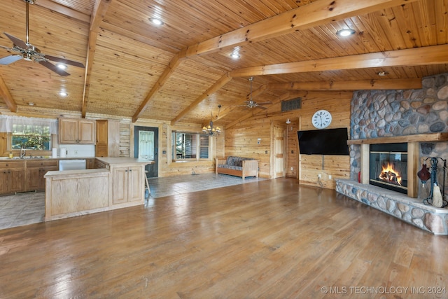 living room featuring wood walls, light hardwood / wood-style floors, wooden ceiling, and lofted ceiling with beams