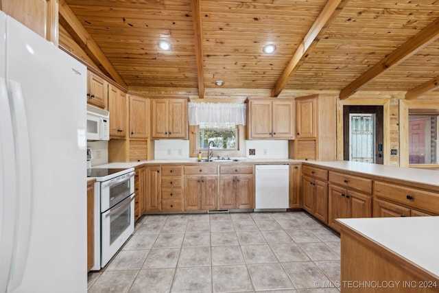 kitchen with lofted ceiling with beams, sink, white appliances, and wooden ceiling