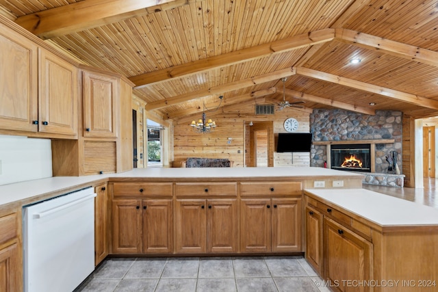 kitchen featuring lofted ceiling with beams, wooden ceiling, kitchen peninsula, hanging light fixtures, and white dishwasher