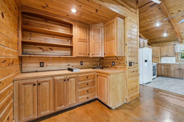 kitchen featuring white appliances, sink, light hardwood / wood-style floors, and wooden ceiling