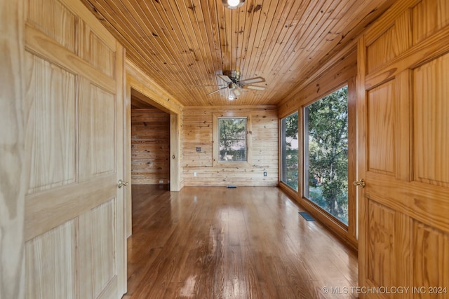 unfurnished sunroom featuring ceiling fan and wood ceiling