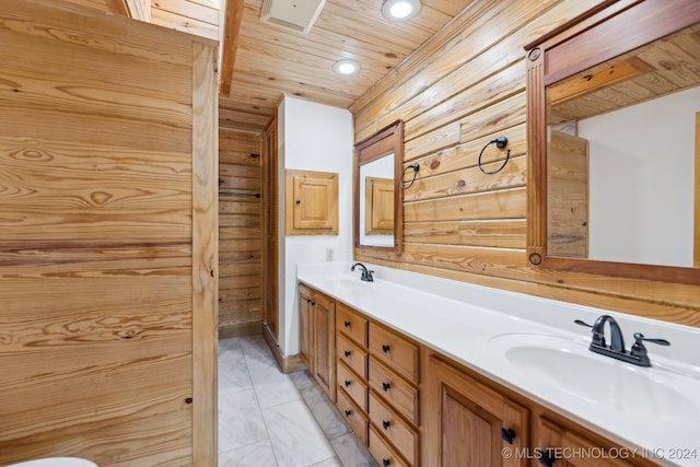 bathroom featuring vanity, wood walls, and wooden ceiling