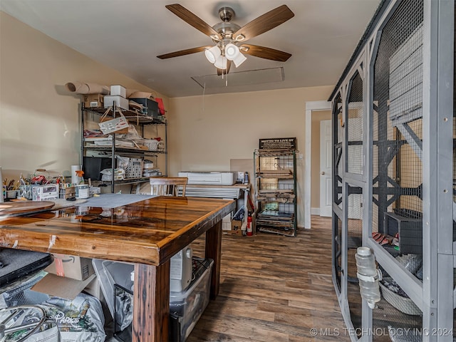 interior space featuring ceiling fan, hardwood / wood-style floors, and butcher block counters