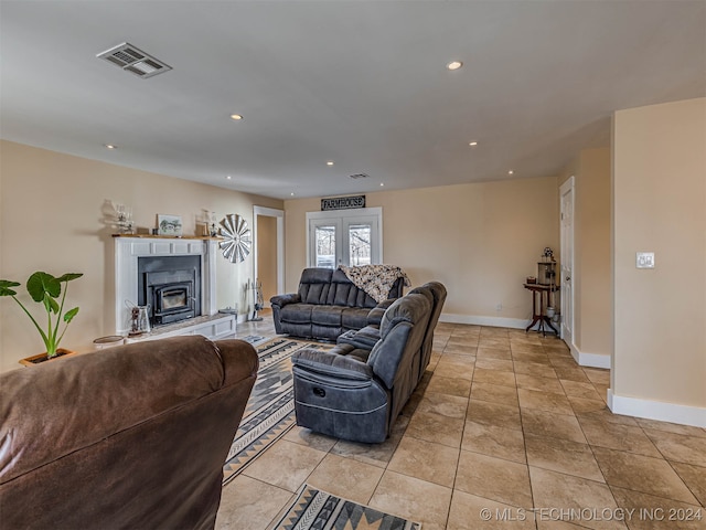 tiled living room with french doors