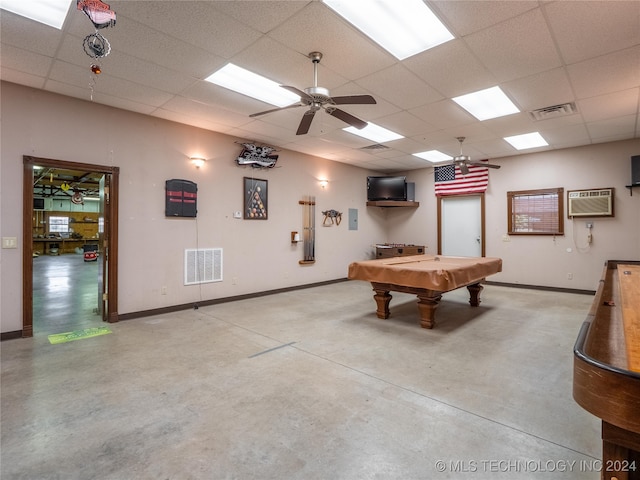 game room featuring ceiling fan, a drop ceiling, pool table, and concrete flooring