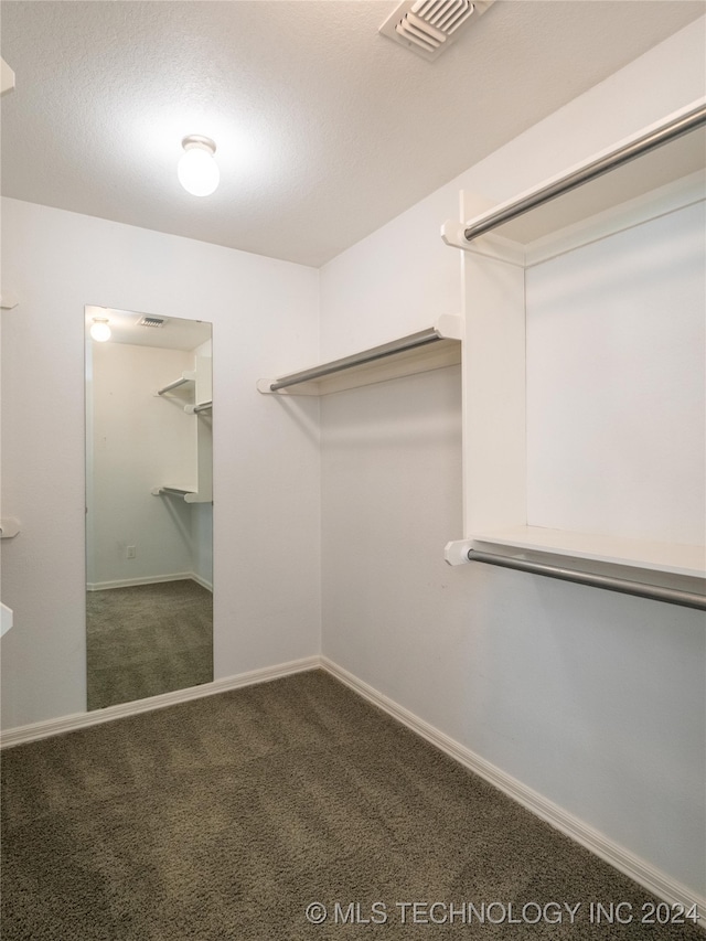 walk in closet with dark colored carpet