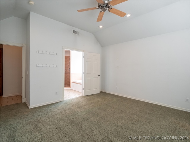 unfurnished room featuring high vaulted ceiling, carpet, and ceiling fan