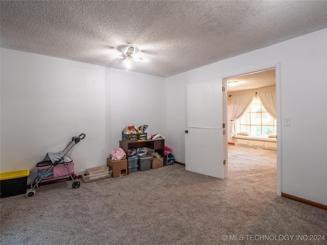 misc room with ceiling fan, a textured ceiling, and carpet flooring