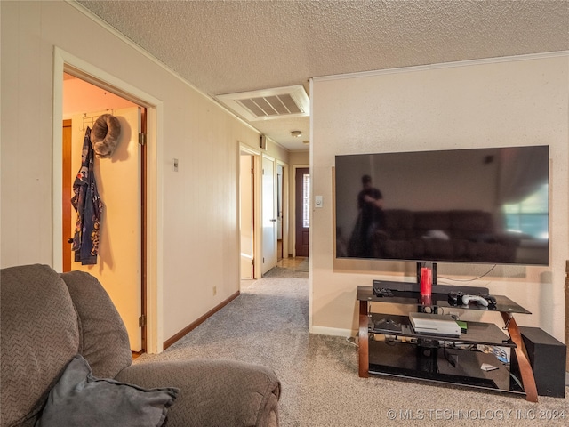 living room featuring light carpet and a textured ceiling