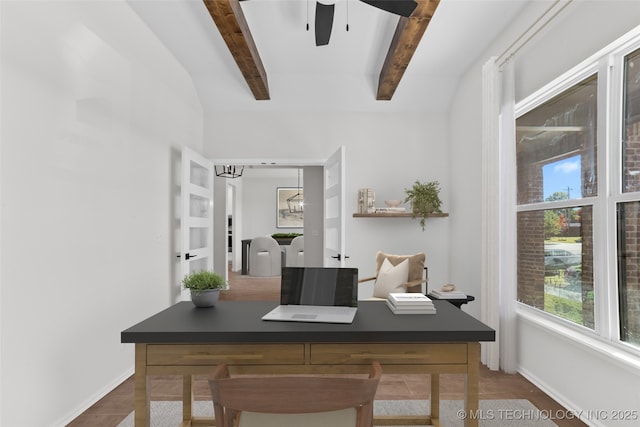 office featuring lofted ceiling with beams and ceiling fan