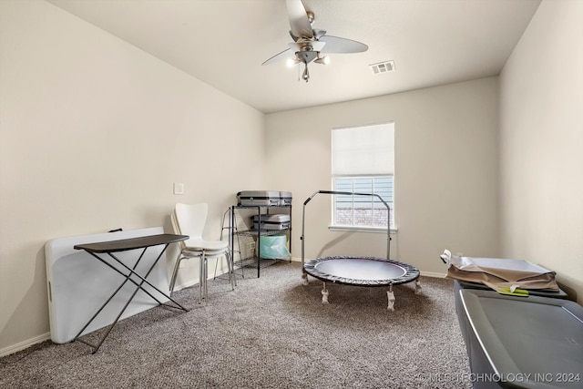 workout area featuring carpet and ceiling fan