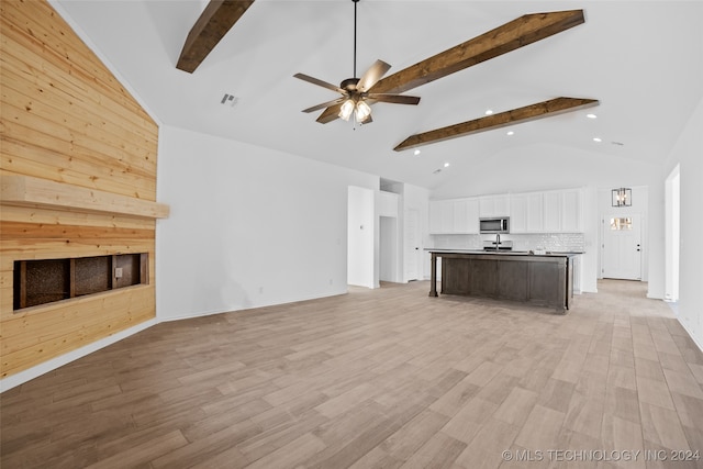 unfurnished living room featuring light hardwood / wood-style floors, beamed ceiling, high vaulted ceiling, and ceiling fan