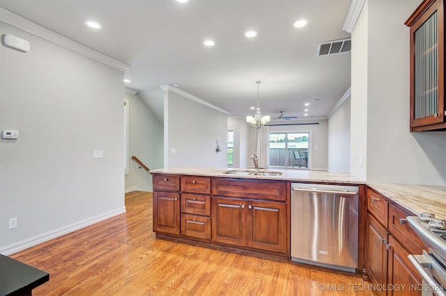 kitchen with crown molding, sink, light hardwood / wood-style flooring, and stainless steel appliances