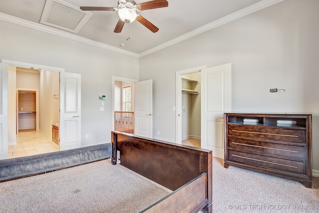 bedroom featuring a closet, light colored carpet, a walk in closet, crown molding, and ceiling fan