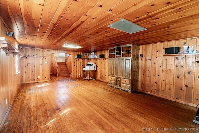 unfurnished living room featuring wood-type flooring, wood ceiling, and wood walls