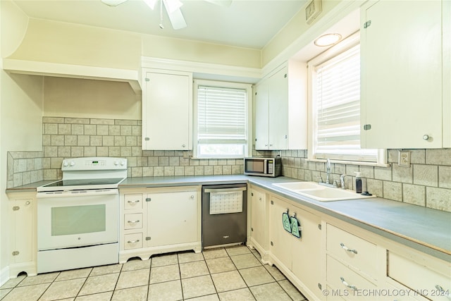 kitchen featuring dishwasher, sink, white cabinets, ceiling fan, and white range with electric cooktop