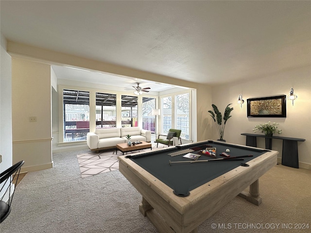 rec room with ceiling fan, light carpet, and pool table