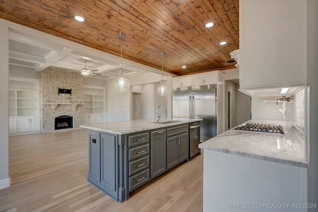 kitchen with pendant lighting, light hardwood / wood-style floors, white cabinetry, appliances with stainless steel finishes, and built in features