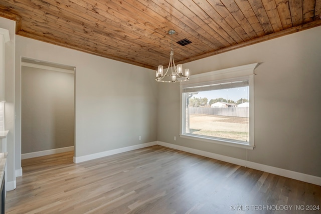 empty room featuring wood ceiling, ornamental molding, light hardwood / wood-style flooring, and a notable chandelier