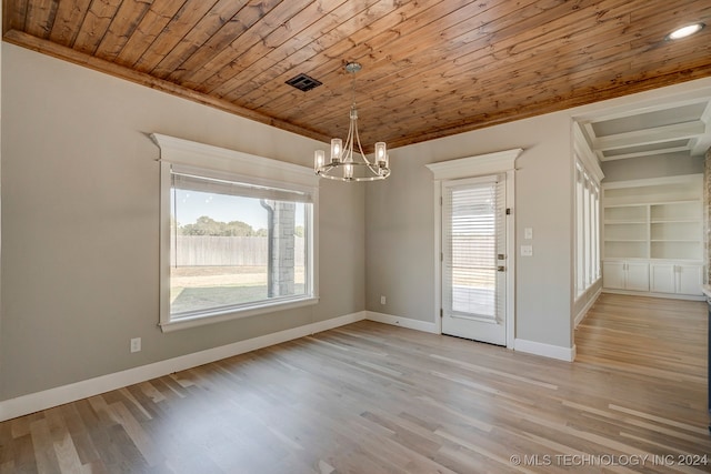 unfurnished dining area featuring a notable chandelier, wood ceiling, crown molding, and light hardwood / wood-style flooring