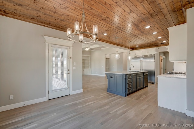 kitchen featuring light wood-type flooring, hanging light fixtures, wooden ceiling, and white cabinetry