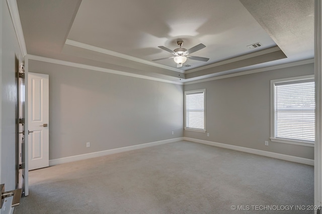 unfurnished room with ornamental molding, ceiling fan, a raised ceiling, and plenty of natural light