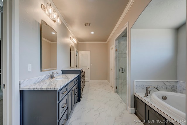 bathroom featuring independent shower and bath, vanity, and crown molding