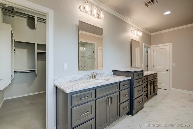 bathroom featuring ornamental molding, walk in shower, and vanity