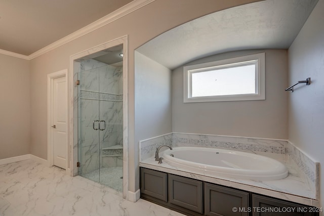 bathroom featuring shower with separate bathtub and ornamental molding