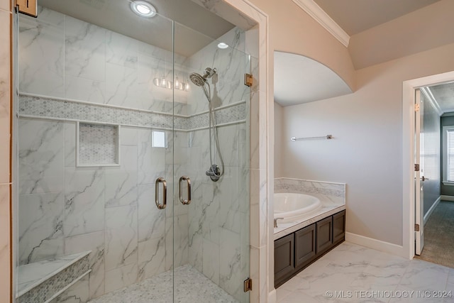 bathroom featuring walk in shower and crown molding