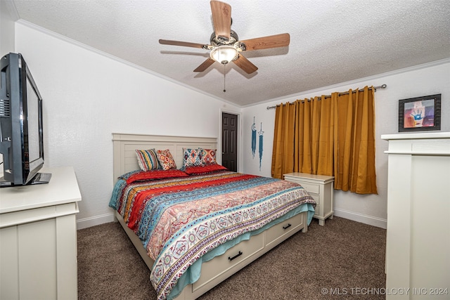 carpeted bedroom featuring ornamental molding, a textured ceiling, and ceiling fan