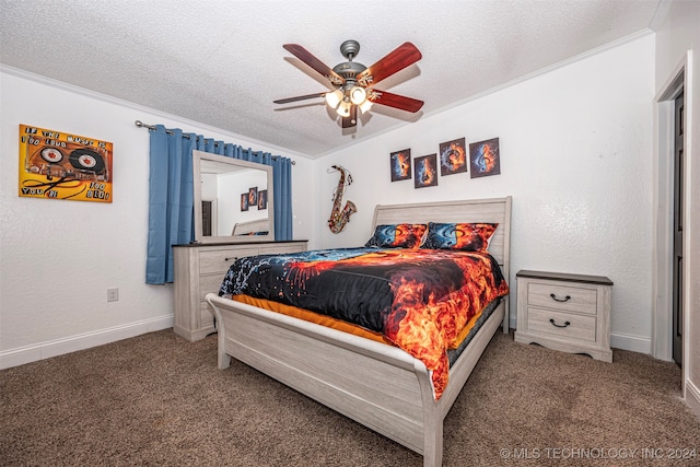 carpeted bedroom with a textured ceiling, crown molding, and ceiling fan