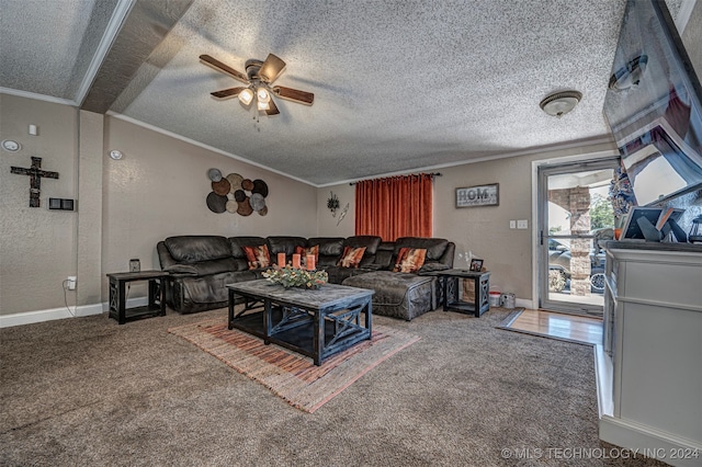 carpeted living room featuring ornamental molding, ceiling fan, and a textured ceiling