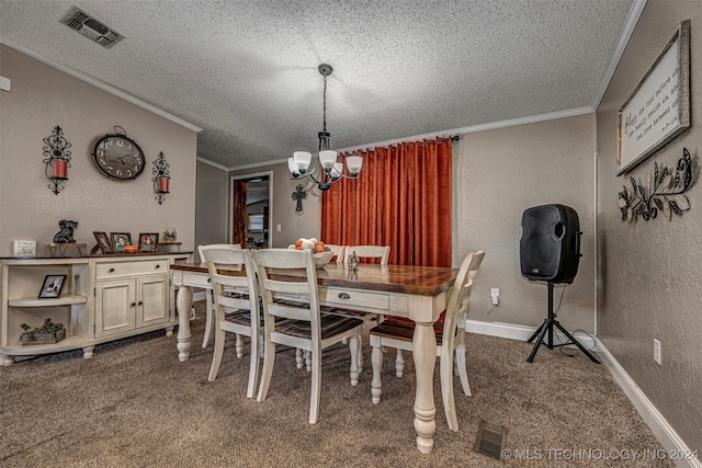 carpeted dining space featuring a notable chandelier, a textured ceiling, and crown molding