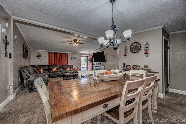 dining area with carpet floors, ceiling fan with notable chandelier, and a textured ceiling