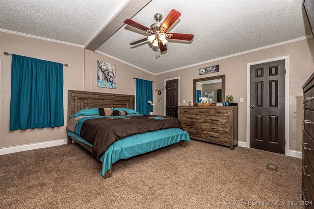 carpeted bedroom featuring a textured ceiling, beam ceiling, ornamental molding, and ceiling fan