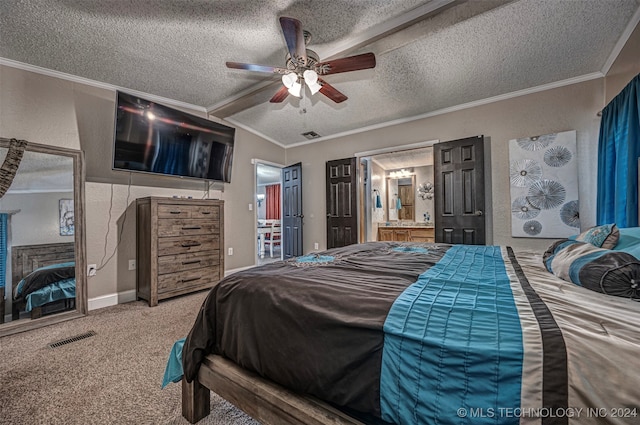 bedroom featuring a textured ceiling, lofted ceiling, carpet floors, ornamental molding, and ceiling fan