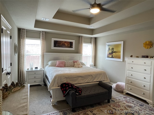 carpeted bedroom featuring multiple windows, a raised ceiling, and ceiling fan