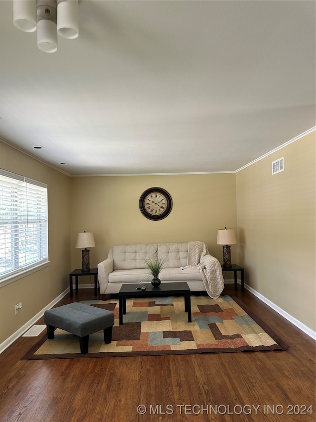 living room featuring ornamental molding and hardwood / wood-style flooring